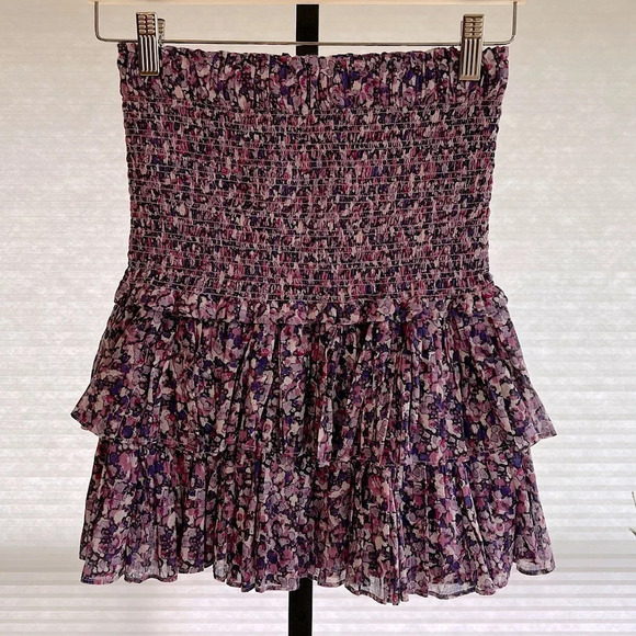 Isabel Marant Etoile Naomi Smocked Ruffle Tier Floral Mini Skirt Violet Multi 36 - Picture 1 of 5